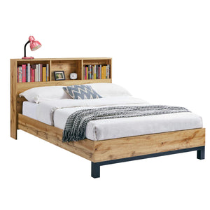 Wooden bed with bookshelf headboard, white bedding, and decorative items on a white background