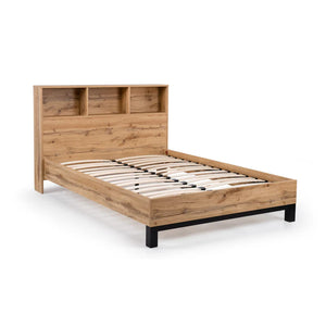 Wooden bed frame with metal support on a white background