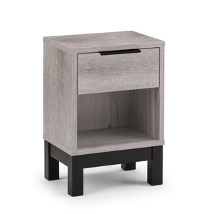 Gray nightstand with a drawer on a white background