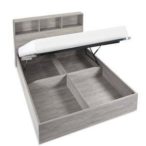 Gray wooden bed with storage and a white mattress on a white background