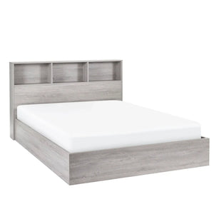 Gray wooden bed frame with white mattress on a white background