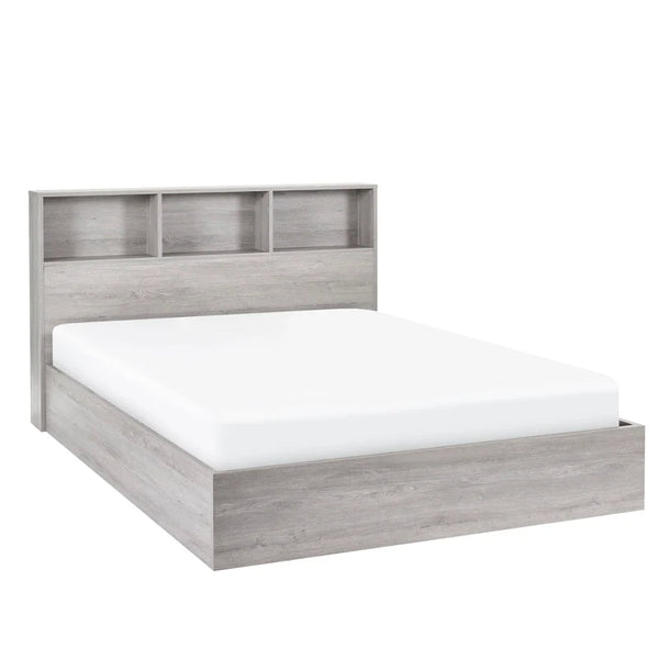 Gray wooden bed frame with white mattress on a white background