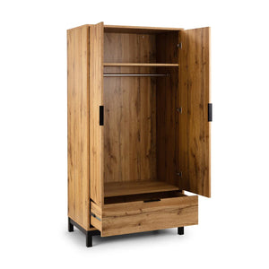 Wooden wardrobe with open doors on a white background