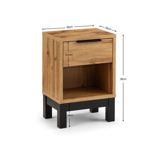 Wooden nightstand with dimensions on a white background