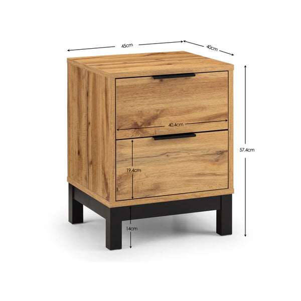 Wooden nightstand with dimensions on a white background