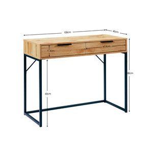 Wooden dressing table desk with dimensions labelled on a white background