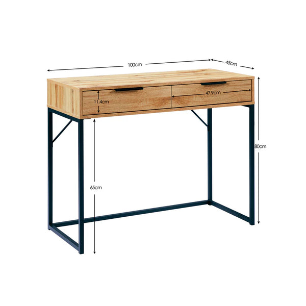 Wooden dressing table desk with dimensions labelled on a white background