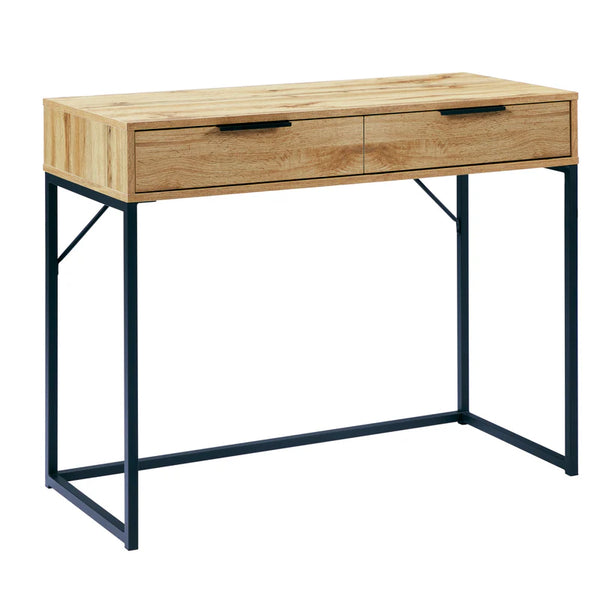 Wooden dressing table with black metal legs on a white background