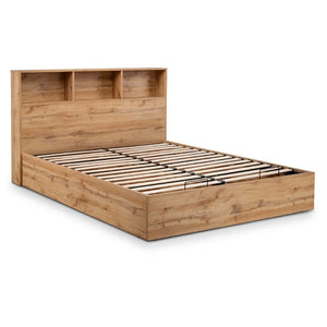 Wooden bed frame with slatted design on a white background