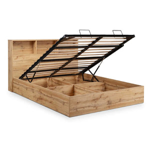 Wooden bed frame with metal slat support on a white background