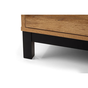 Wooden drawer with black metal leg on a white background