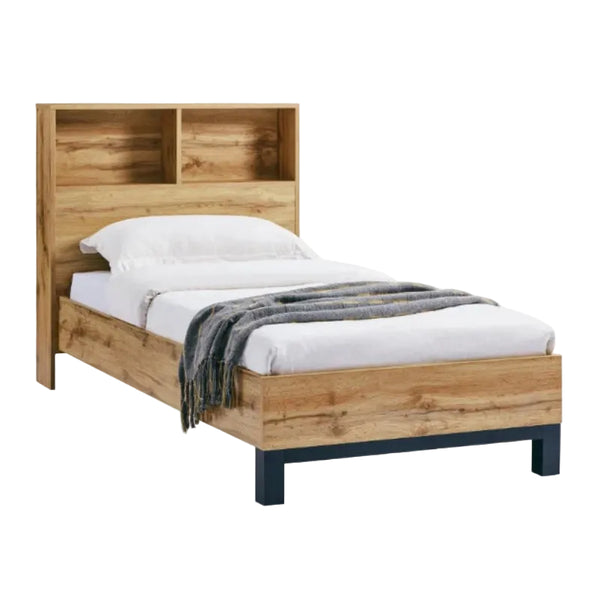 Wooden bed with white bedding and a gray blanket on a white background