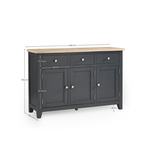 Dark gray sideboard with dimensions on a white background
