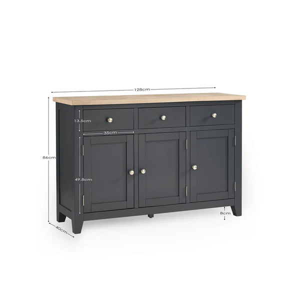 Dark gray sideboard with dimensions on a white background