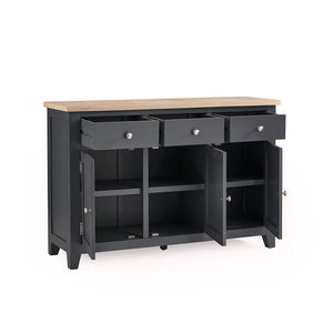 Dark gray sideboard with a wooden top on a white background