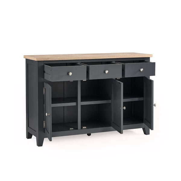 Dark gray sideboard with a wooden top on a white background