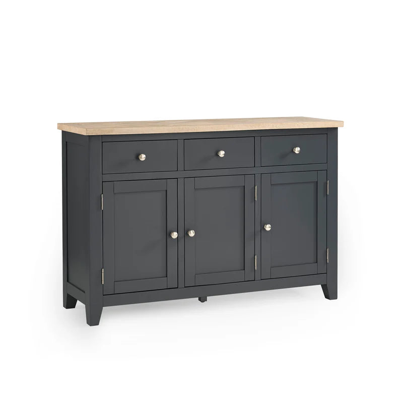 Dark gray sideboard with a light wood top on a white background