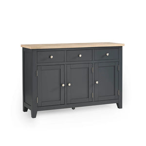 Dark gray sideboard with a light wood top on a white background