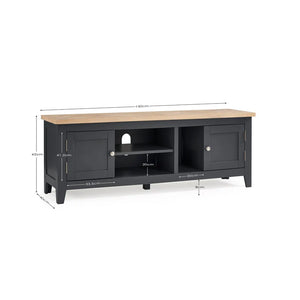 GreyTV stand with wooden top and dimensions on a white background