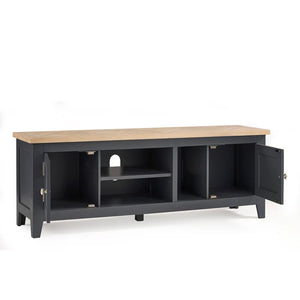 Grey TV stand with wooden top on a white background