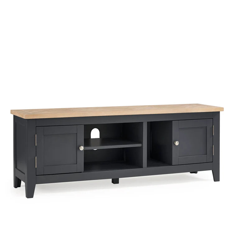 Grey TV stand with a wooden top on a white background