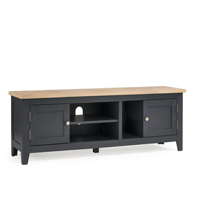 Grey TV stand with a wooden top on a white background