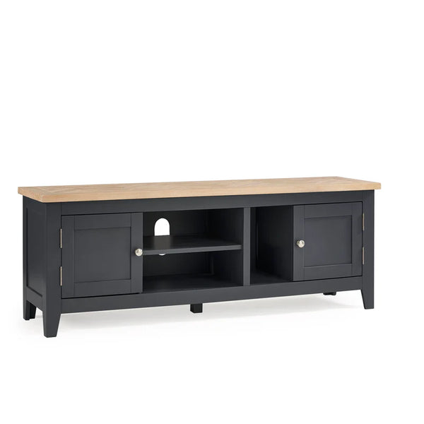Grey TV stand with a wooden top on a white background