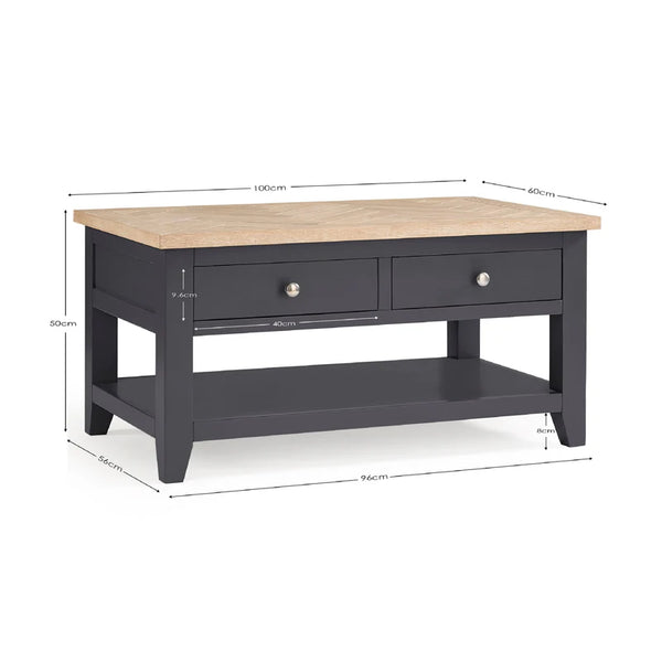 Coffee table with dimensions on a white background