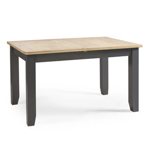 Rectangular table with wooden top and dark gray base on a white background