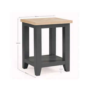 Small table with a light wooden top and dark gray base, showing dimensions on a white background.