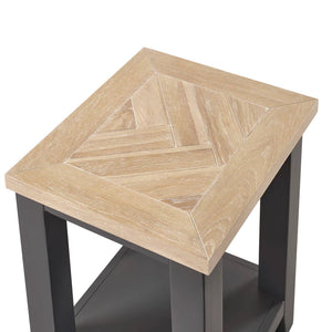 Wooden side table with parquet pattern on a white background