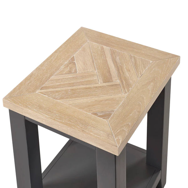 Wooden side table with parquet pattern on a white background