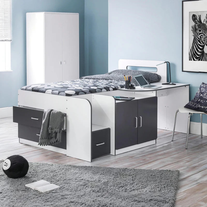 Black and white cabin bed with desk on a white background
