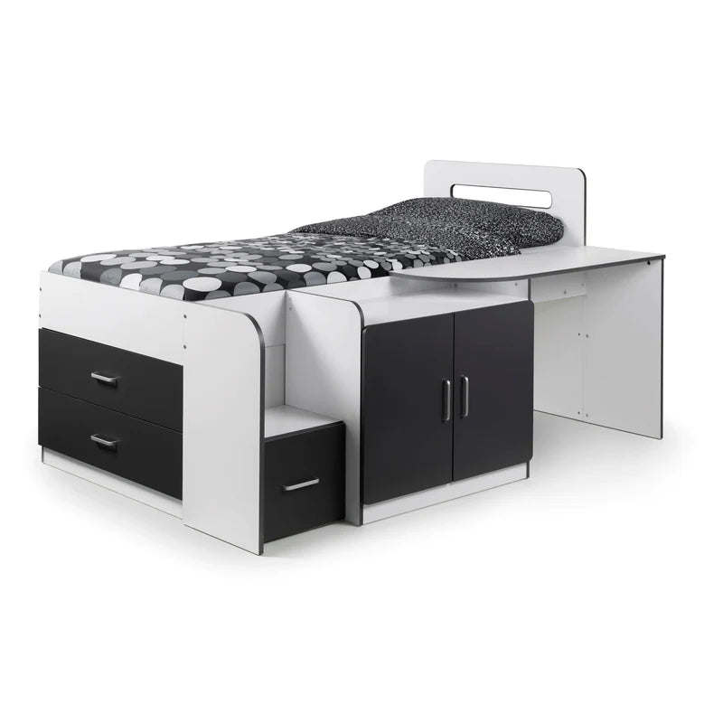 Black and white cabin bed with desk on a white background