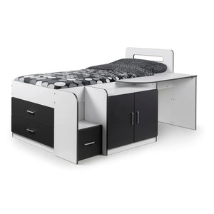 Black and white cabin bed with desk on a white background