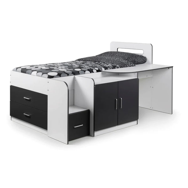 Black and white cabin bed with desk on a white background