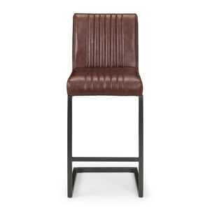 Brown bar stool with black metal legs on a white background