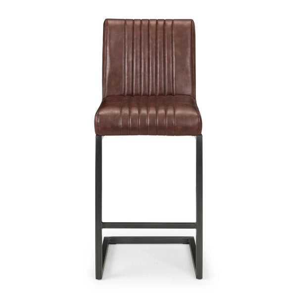Brown bar stool with black metal legs on a white background