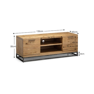 Wooden TV stand with dimensions labeled on a white background