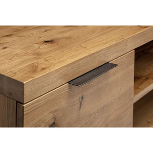 Wooden desk with a metal handle on a white background