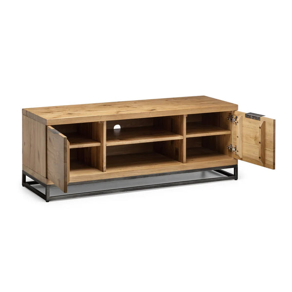 Wooden TV stand with open doors on a white background