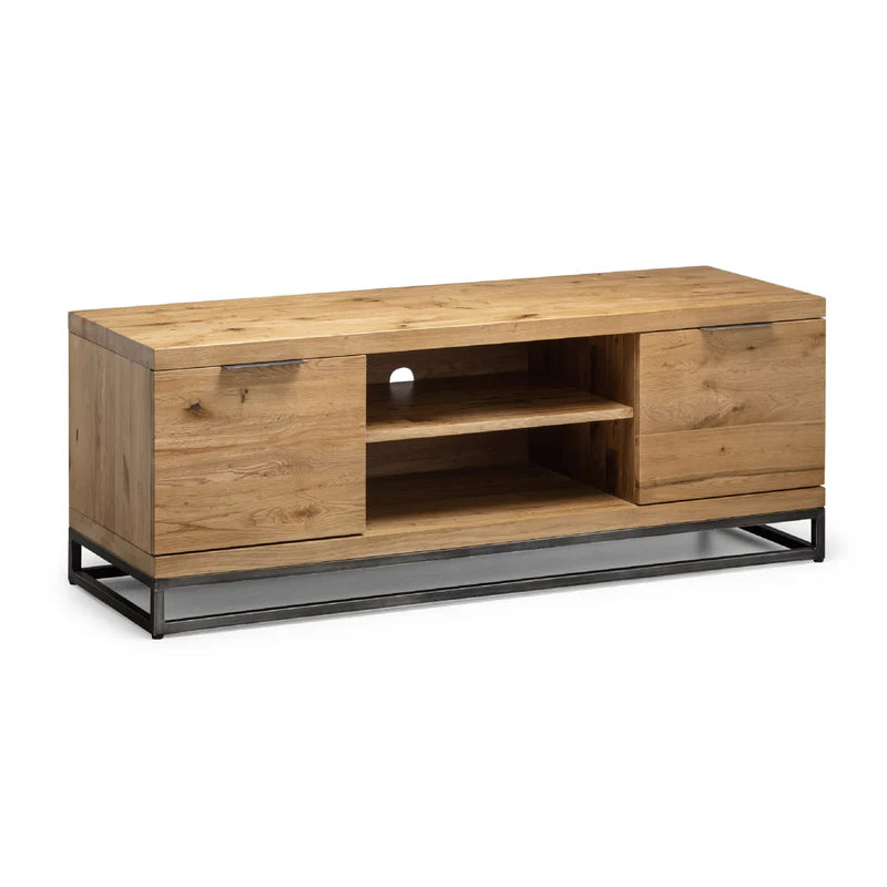Wooden TV stand with metal legs on a white background