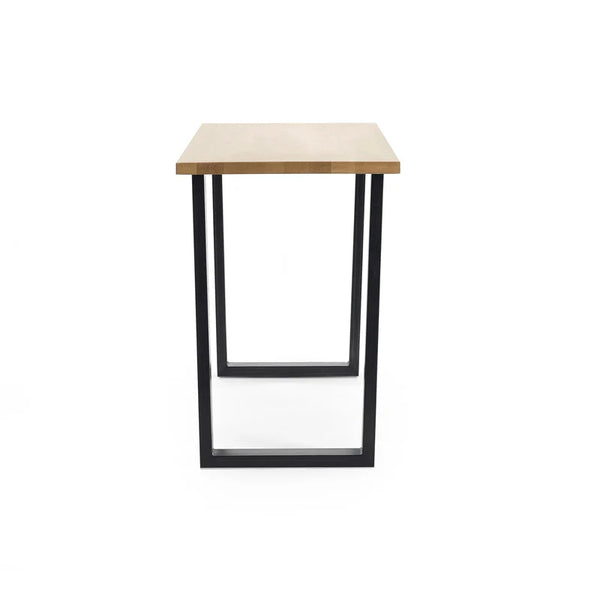 Bar table with wooden top and black metal frame on a white background