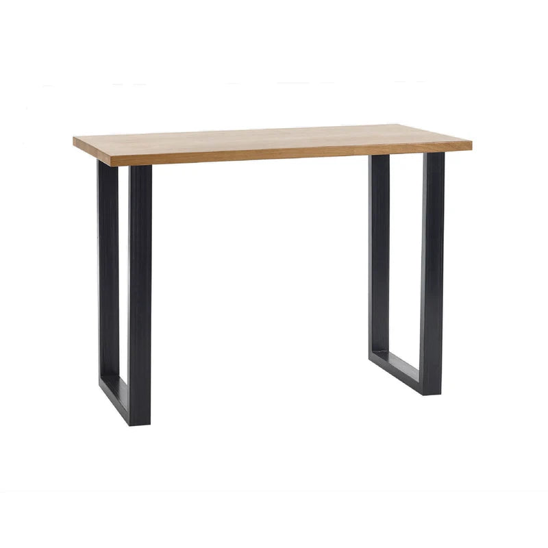 Bar table with wooden top and black metal legs on a white background
