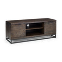 Wooden TV stand with metal legs on a white background