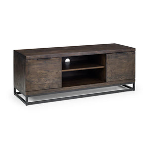 Wooden TV stand with metal legs on a white background