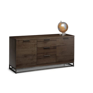 Dark wood sideboard with metal legs on a white background