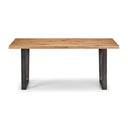 Wooden table with metal legs on a white background