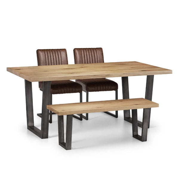 Dining set with wooden table, chairs, and bench on a white background
