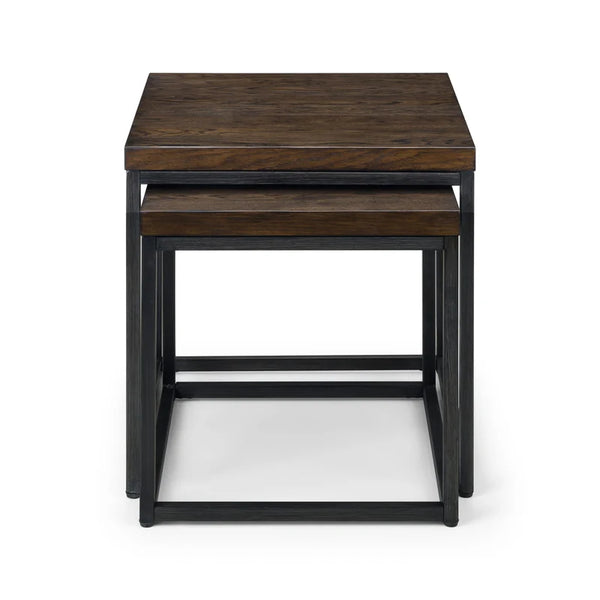 Set of two wooden nesting tables on a white background